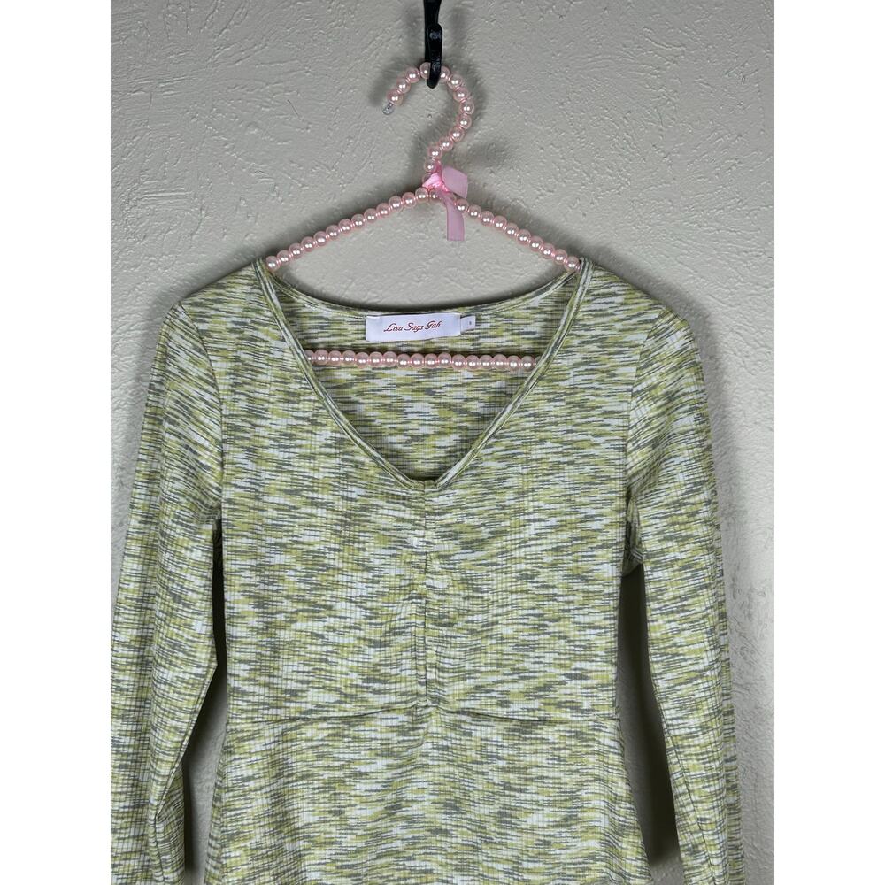 Lisa Says Gah Top Size Small Long Sleeve V-Neck Green Gray Y2K Shirt Made in USA - Picture 2 of 11
